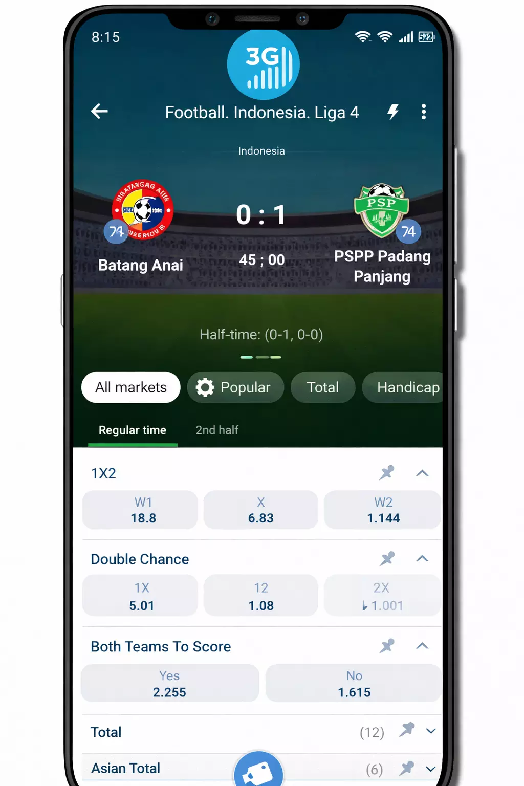 Aplikasi 1xBet saat koneksi internet lambat (3G) di live match